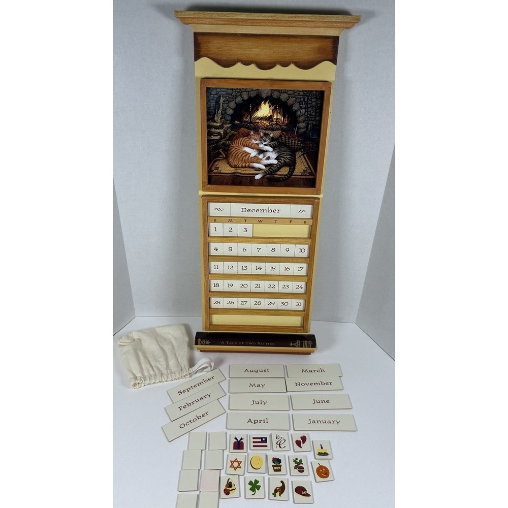 Charles Wysocki Wooden Perpetual Calendar "A Tale of Two Kittens" Complete VTG